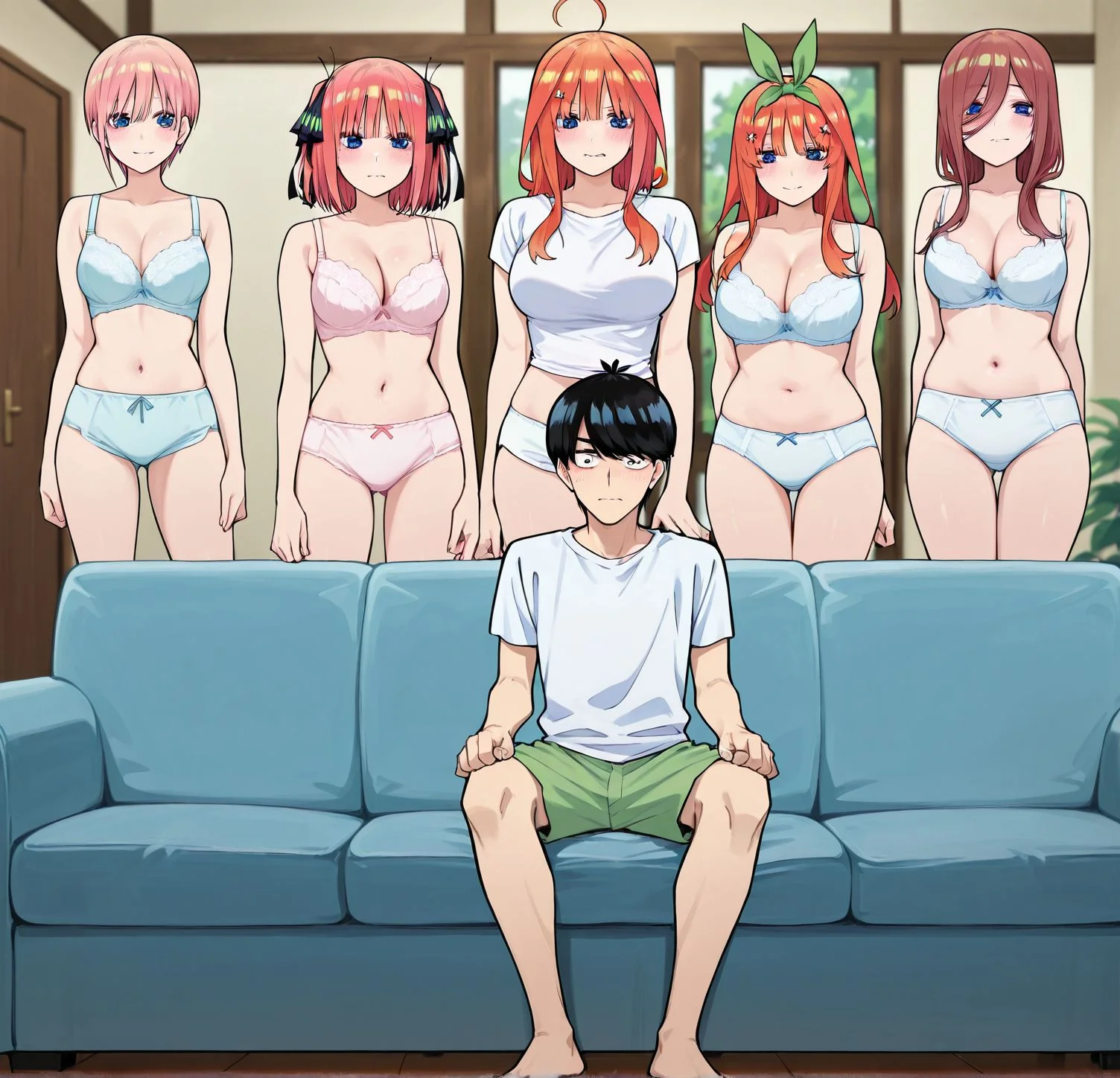 masterpiece, best quality, newest, absurdres, highres, detailed eyes, beautiful, detailed background, perfect eyes, anime coloring, anime screencap,
<lora:Piper_Perri_surrounded:0.8>Piper_Perri_surrounded,
Piper Perri surrounded , wide shot,
surrounded by five female,5girls,1boy,
shirt,shorts,full body,underwear only, standing female,
a boy sitting cross-legged on the couch,
both legs folded and crossed in front of her body,
(6girls:-1),
BREAK
Nakano ichika,short hair,
nakano nino,
nakano miku,
Yotsuba Nakano,
Itsuki Nakano,
black hair male,
uesugi fuutarou,
go-toubun no hanayome,