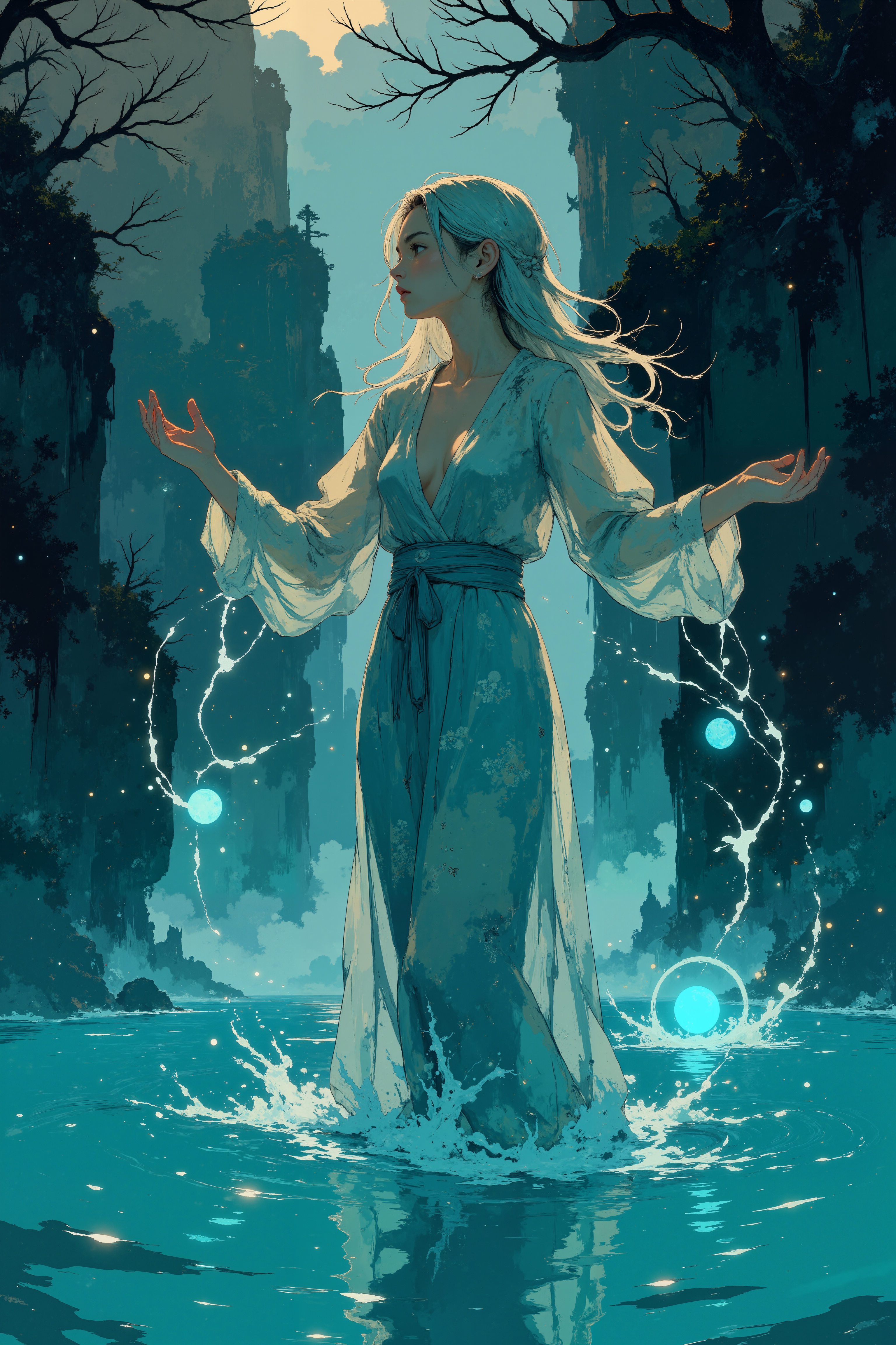 A water nymph, her translucent blue skin shimmering beneath the surface of a crystal-clear lake, rises gracefully with water swirling around her outstretched arms. Her long, flowing hair, the color of seafoam, billows out behind her as if suspended in water. Her wide, sea-green eyes reflect the light of the setting sun, glowing with a soft, ethereal light. Her delicate features are framed by tendrils of water that snake around her body, forming intricate patterns of droplets that shimmer like diamonds. The water beneath her ripples and glows, responding to her every movement as she commands the lakeâs flow. Behind her, the jagged cliffs and waterfalls glisten in the golden light, creating a dreamlike backdrop. Fish dart around her feet, and the faint scent of fresh rain fills the air. Her expression is calm and serene, her connection to the water evident in every gentle gesture  Fantastic lighting. Detailed shadows.intricate details, vivid colors, hyper-detailed, ultra-sharp <lora:Blue_Future:0.2><lora:Ethereal_Brush_Anime_v1.0:0.6><lora:Dark_and_sentimental v1.0:0.6><lora:It's a LoRA for portraits, BUT! actually specialized in backgrounds. v1.0:0.3>
