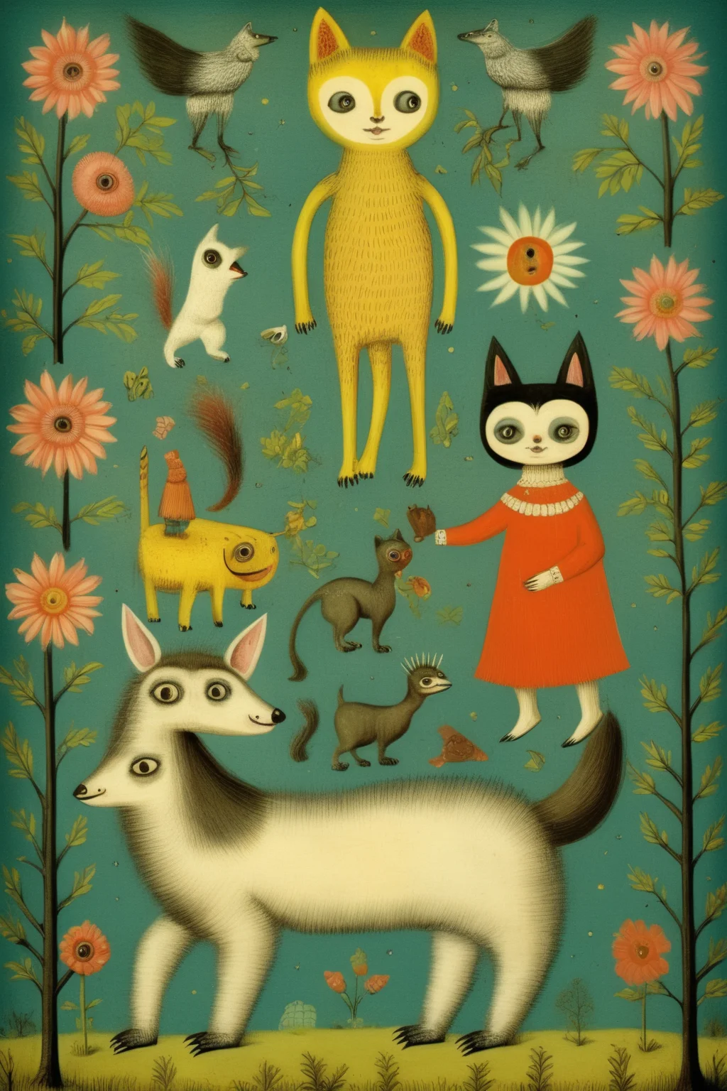 <lora:Folk Art:1>Folk Art - make me a beautiful vintage illustration with anthropomorphic animals, cute and Kawaii, Mark Ryden and Maurice Sendak style