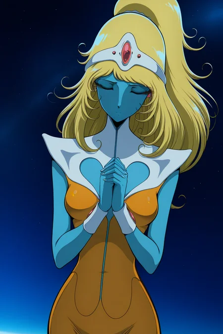 masterpiece, best quality, amazing quality, absurdres, solo, stella5555, closed eyes, own hands together, praying, blonde hair, blue eyes, ponytail, white shoulder pads, blue skin, orange dress, outdoors, simple background, space, night sky