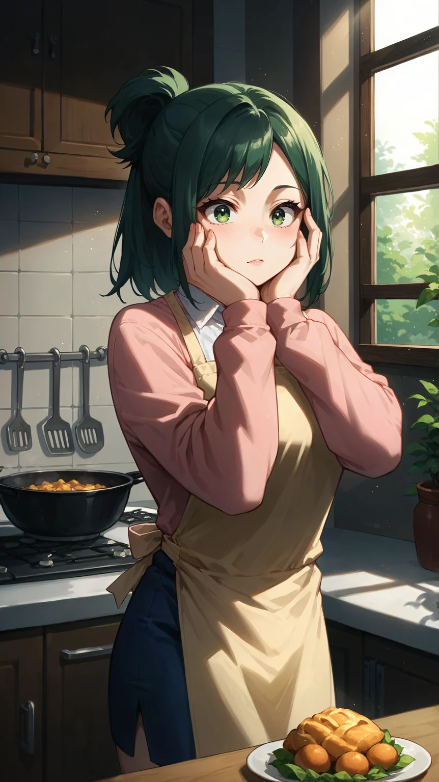 score_9,score_8_up,score_7_up,score_6_up, <lora:xl_more_art-full_v1:0.5>, source_anime, woman, dynamic pose, hands on face, <lora:Inko Midoriya - Pony-000004:0.8>, green hair, short ponytail, green eyes, pink sweater, blue skirt, pencil skirt, apron, kitchen, large window, soft lighting, light rays, cooking,