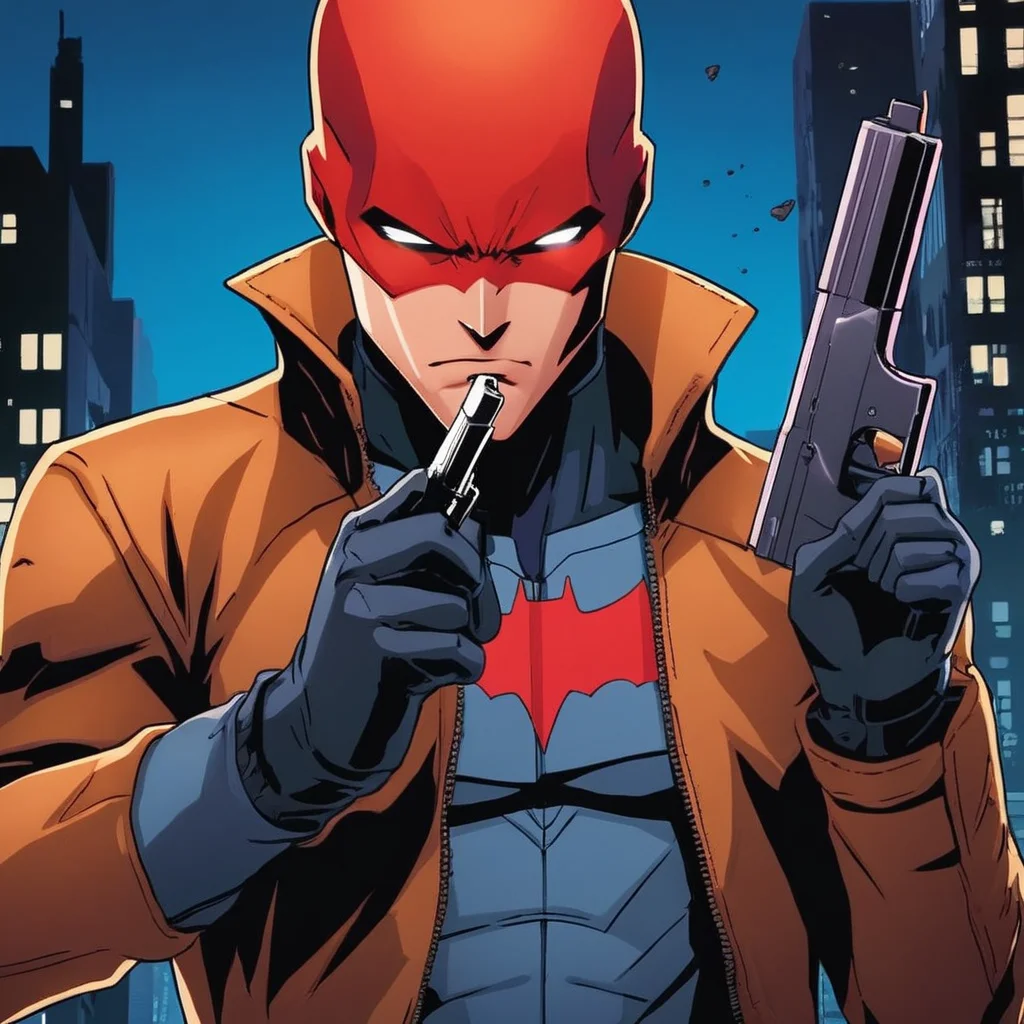 anime artwork of <lora:Red Hood:1.2>
Red Hood a man with a gun in his hand in Gotham city universe, anime style, key visual, vibrant, studio anime, highly detailed