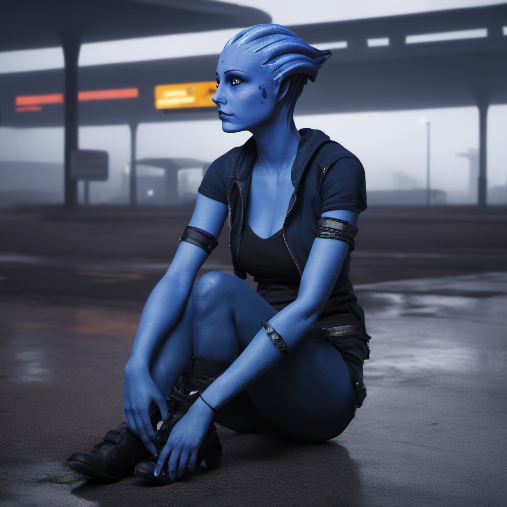raw photo of a sad Asari teenager waiting for the bus, gloomy, cyperpunk, realistic <lora:asari-sdxl-test:0.8>