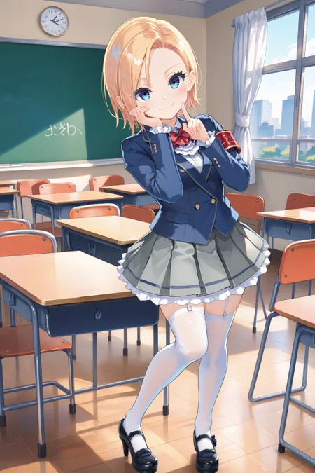 score_max, (score_9, score_8_up, score_7_up:1.2), score_6_up, official art, source_anime,
, masterpiece, absurdres, high detail, 8k,
classroom, curtains, window, desk, chair, full body,
standing on one leg, leaning to side, head tilt, index finger raised, hands up, finger to own cheek, smile, blush,
solo, eriza, school uniform, blazer, long sleeves, red bowtie, ascot, white shirt, armband, pleated skirt, grey skirt, frills, white thighhighs, garter straps, mary janes, high heels
<lora:XL_Pony_MGCM-eriza-t1:1.2>