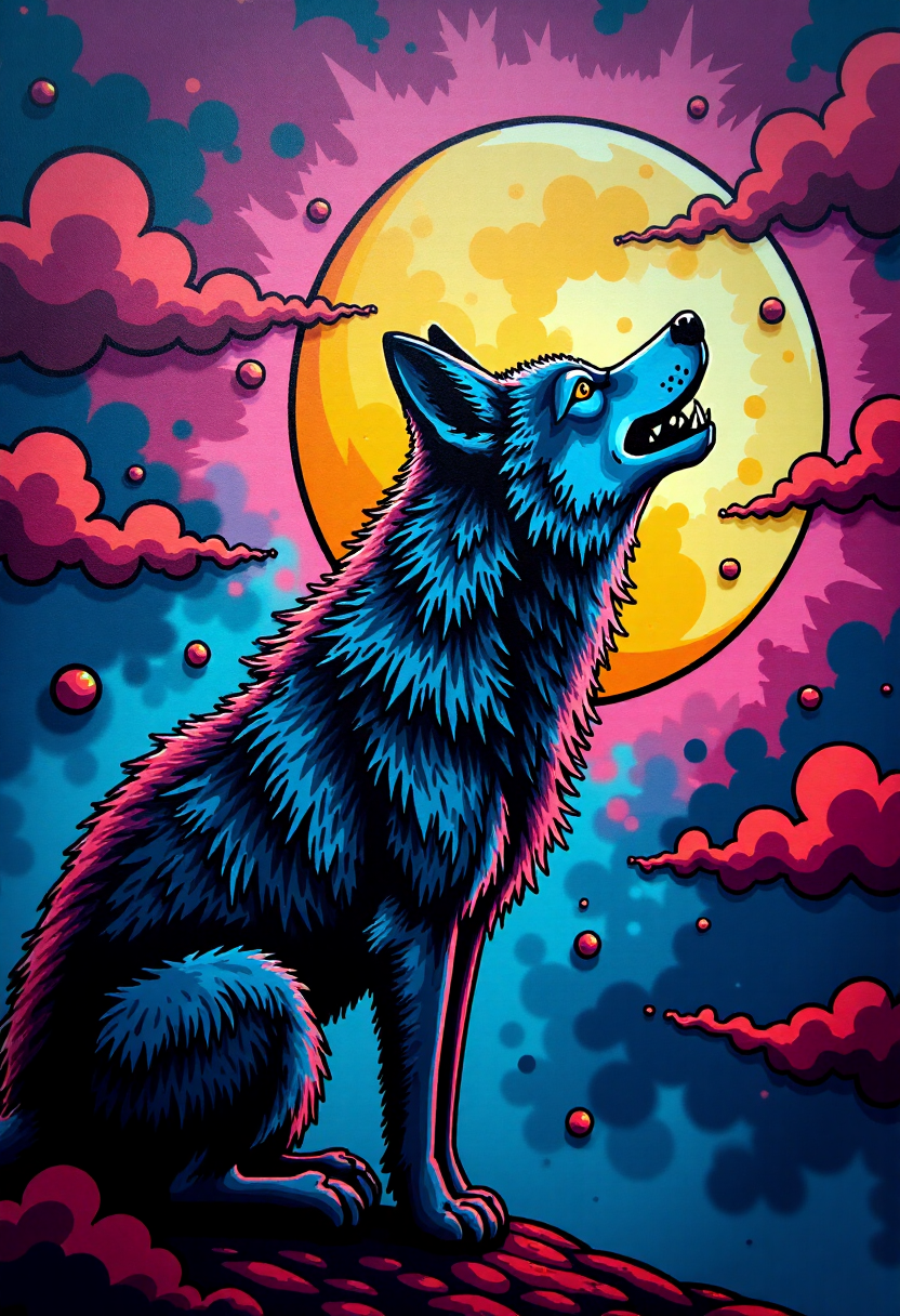 <lora:Graffiti_Characters2_FLUX-000011 (1):0.9>
This is a vibrant, stylized digital drawing set against a dramatic, abstract background, of a  a wolf howling at the moon