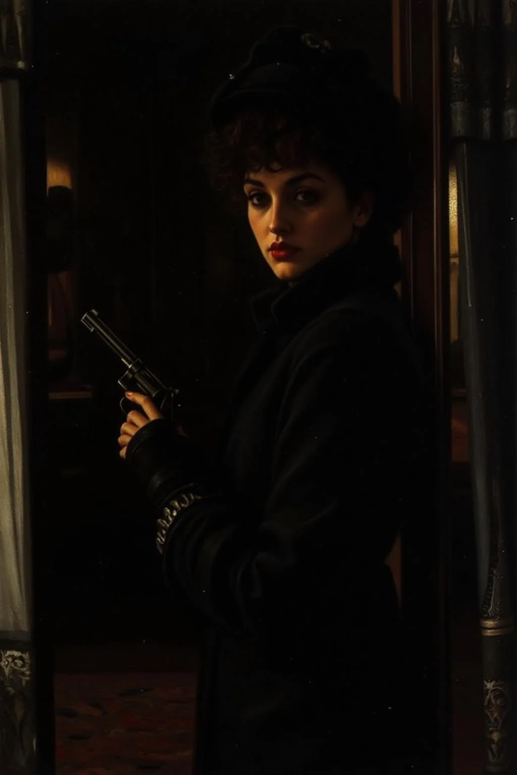 jati1 painting
a mysterious woman with dark, wavy hair and piercing eyes stands in the shadows of a dimly lit room. She is holding a small revolver with a delicate yet firm grip. Her red lipstick is the only color that stands out in the darkness, her intentions unclear but dangerous.
<lora:jati1_cap_d6a3:1.0><lora:817336992586102582:0>