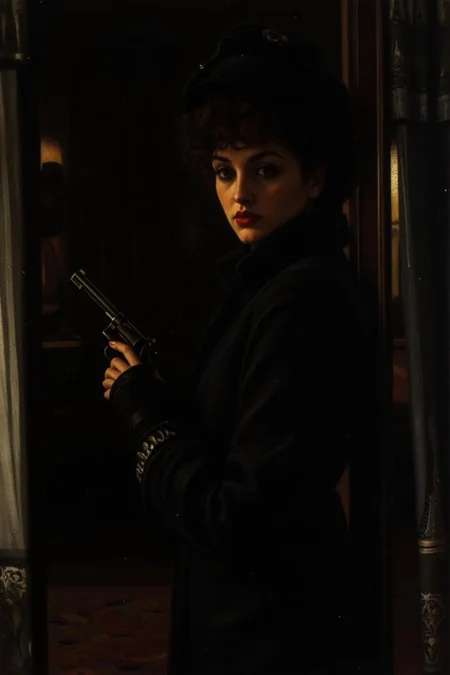 jati1 painting
a mysterious woman with dark, wavy hair and piercing eyes stands in the shadows of a dimly lit room. She is holding a small revolver with a delicate yet firm grip. Her red lipstick is the only color that stands out in the darkness, her intentions unclear but dangerous.
<lora:jati1_cap_d6a3:1.0><lora:817336992586102582:0>