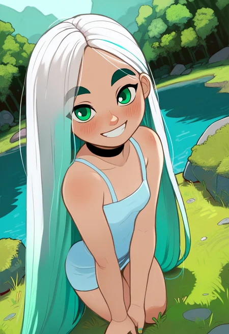 score_9, score_8_up, score_7_up, score_6_up, score_5_up, 1girl, solo,
<lora:Aisling (Secret of Kells) - Gnsisir Style:1.0>
Aisling_Gnsisir, (multicolored hair, silver hair,), very long hair, very green eyes, pale skin, white skin, thick eyebrows, 1girl,
choker, grin, teeth, short dress, 
seductive pose, dutch angle,
outdoors, (detailed background), forest, rock, trees,
looking at viewer, coy smile, flirtatious look,
sultry expression, blush,
