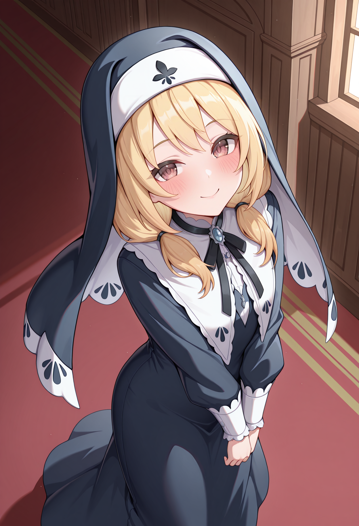highres, best quality, masterpiece, indoors,
1girl, solo, pcrclear, blonde hair, brown eyes,
nun, low twintails, habit, long sleeves, long dress,
looking at viewer, blush, smile,
head tilt, from side, standing, from above, v arms, 
<lora:_clear_pcr-elesico-ilxl-000014:1>