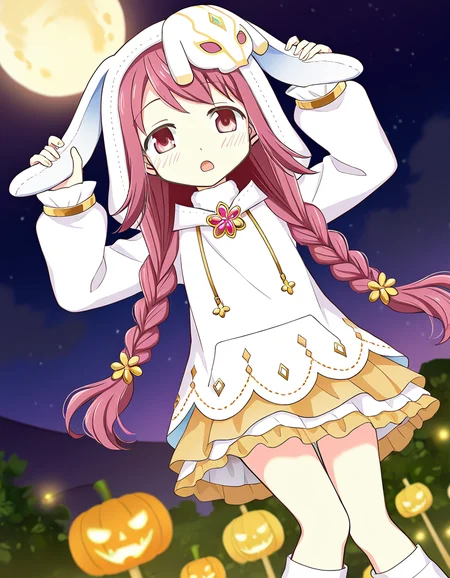 masterpiece, best quality, newest, absurdres, highres, safe, 1girl, himuro lavi \(halloween costume\), magia record: mahou shoujo madoka magica gaiden, white rabbit hood, solo, open mouth, outdoors, dutch angle, <lora:himuro_lavi_noobaiXLNAIXL_vPred10Version:0.7>
