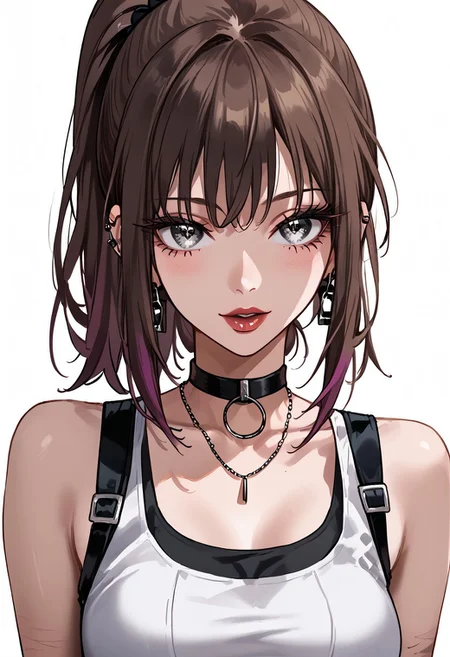 score_9, score_8_up, score_7_up, score_6_up, 1girl, expulse, medium hair, side-swepped bangs, brown hair, purple streaks, ponytail, BREAK, grey eyes, short neck, gorgeous lips, ear piercings, BREAK, medium breasts, pale skin, BREAK, solo, alone, black tanktop, tight jeans, sexy gal, no make-up (masterpiece:1.2), best quality, high resolution, unity 8k wallpaper, (illustration:0.8), (beautiful detailed eyes:1.6), extremely detailed face, perfect lighting, extremely detailed CG, (perfect hands, perfect anatomy),