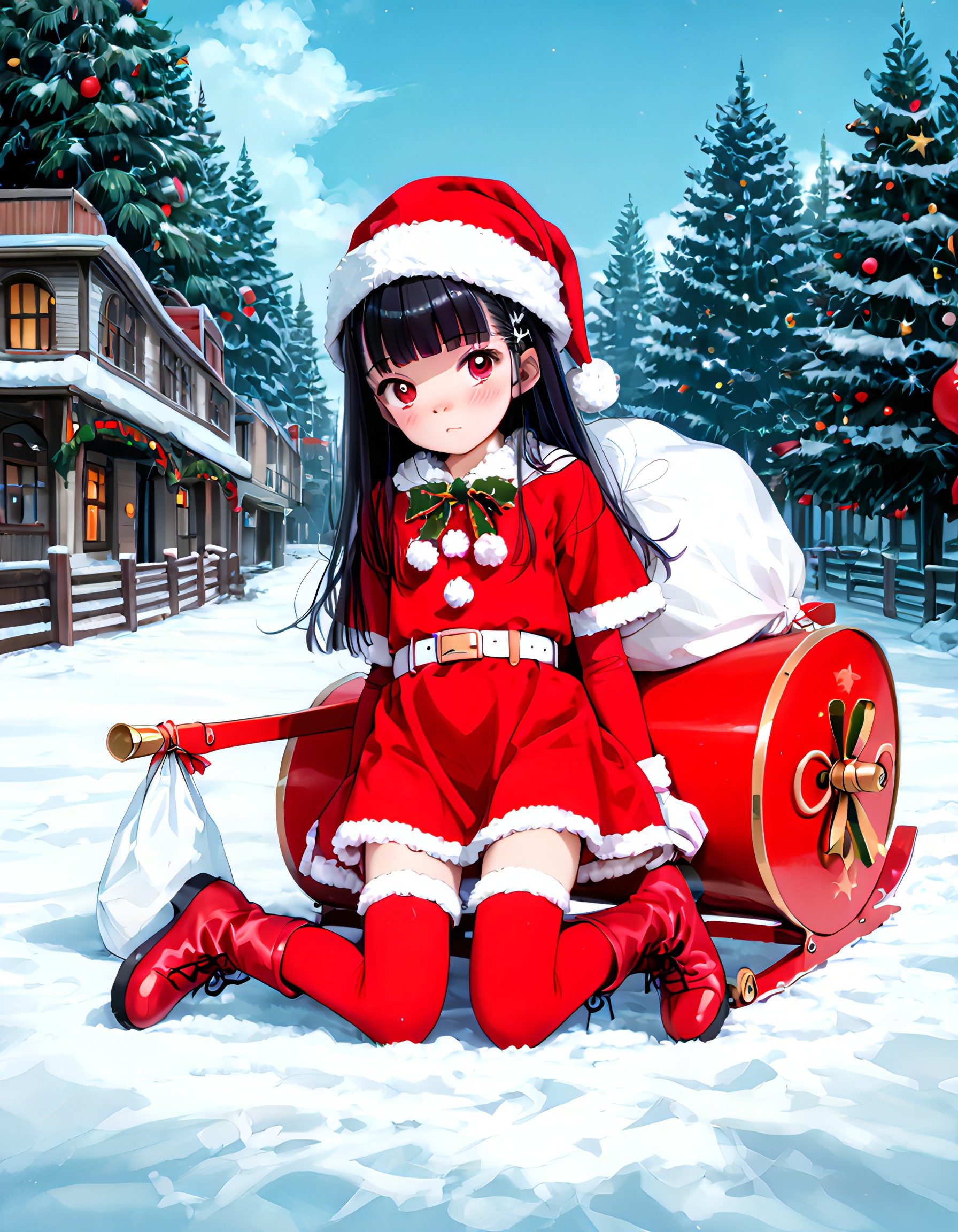 (score_9, score_8_up, score_7_up, highest score, best quality:1.2), zPDXL3, NEGATIVE_HANDS, hi-res. 8k, source_anime BREAK 1girl, flat chest, tiny tits, rory, red eyes, blunt bangs blush, happy BREAK santa_dress. strapless dress, elbow gloves, handless gloves, white belt, santa hat, fur trim santa boots, thighhigh boots BREAK sky, stars, santa sleigh, white sack, sack on ground (outdoors:1.3), sharp colors, perfect hands, perfect eyes, (detailed realistic background:1.3), (high quality:1.1), (ultra detailed:1.4), <lora:pony_good_hands:0.7>, <lora:add-detail-xl:1>, <lora:xl_more_art-full_v1:0.5>, embedding:civit_nsfw