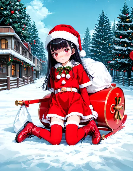 (score_9, score_8_up, score_7_up, highest score, best quality:1.2), zPDXL3, NEGATIVE_HANDS, hi-res. 8k, source_anime BREAK 1girl, flat chest, tiny tits, rory, red eyes, blunt bangs blush, happy BREAK santa_dress. strapless dress, elbow gloves, handless gloves, white belt, santa hat, fur trim santa boots, thighhigh boots BREAK sky, stars, santa sleigh, white sack, sack on ground (outdoors:1.3), sharp colors, perfect hands, perfect eyes, (detailed realistic background:1.3), (high quality:1.1), (ultra detailed:1.4), <lora:pony_good_hands:0.7>, <lora:add-detail-xl:1>, <lora:xl_more_art-full_v1:0.5>, embedding:civit_nsfw