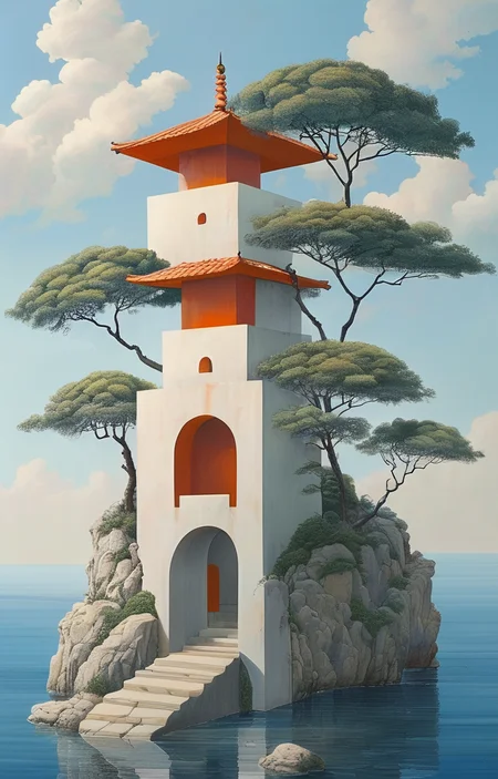 masterpiece,best quality,<lora:tbh306-sdxl:0.9>,illustration,design by Michael Graves, Minimalist Japanese-inspired tea house by the sea, evoking the style of Tadao Ando