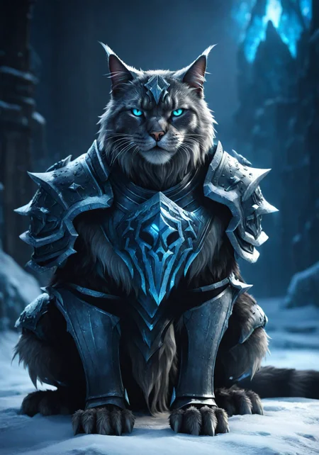 cinewow,deathknight cat,sitting on the frozen throne,animal,masterpiece,awardwinning,8k,epic,cinematic,trending on artstation, <lora:cinewow-step00000300:0.9>