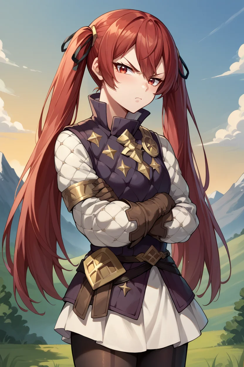 score_9, score_8_up, score_7_up, score_6_up, source_anime BREAK 1girl, solo, <lora:fesevera-pdxl-nvwls-v1-000005:1> defSelena, red hair, red eyes, twintails, hair ribbon, armor, brown vest, white sleeves, brown gloves, white skirt, pantyhose, annoyed, crossed arms, looking at you, mountains, sunset