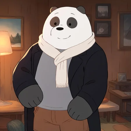 score_9, score_8_up, score_7_up, panpan, anthro, furry male, solo, panda bear, black fur, white fur, two-tone fur, black nose, dot eyes, paw pads, black coat, grey shirt, scarf, brown shorts, smile, indoors, living room