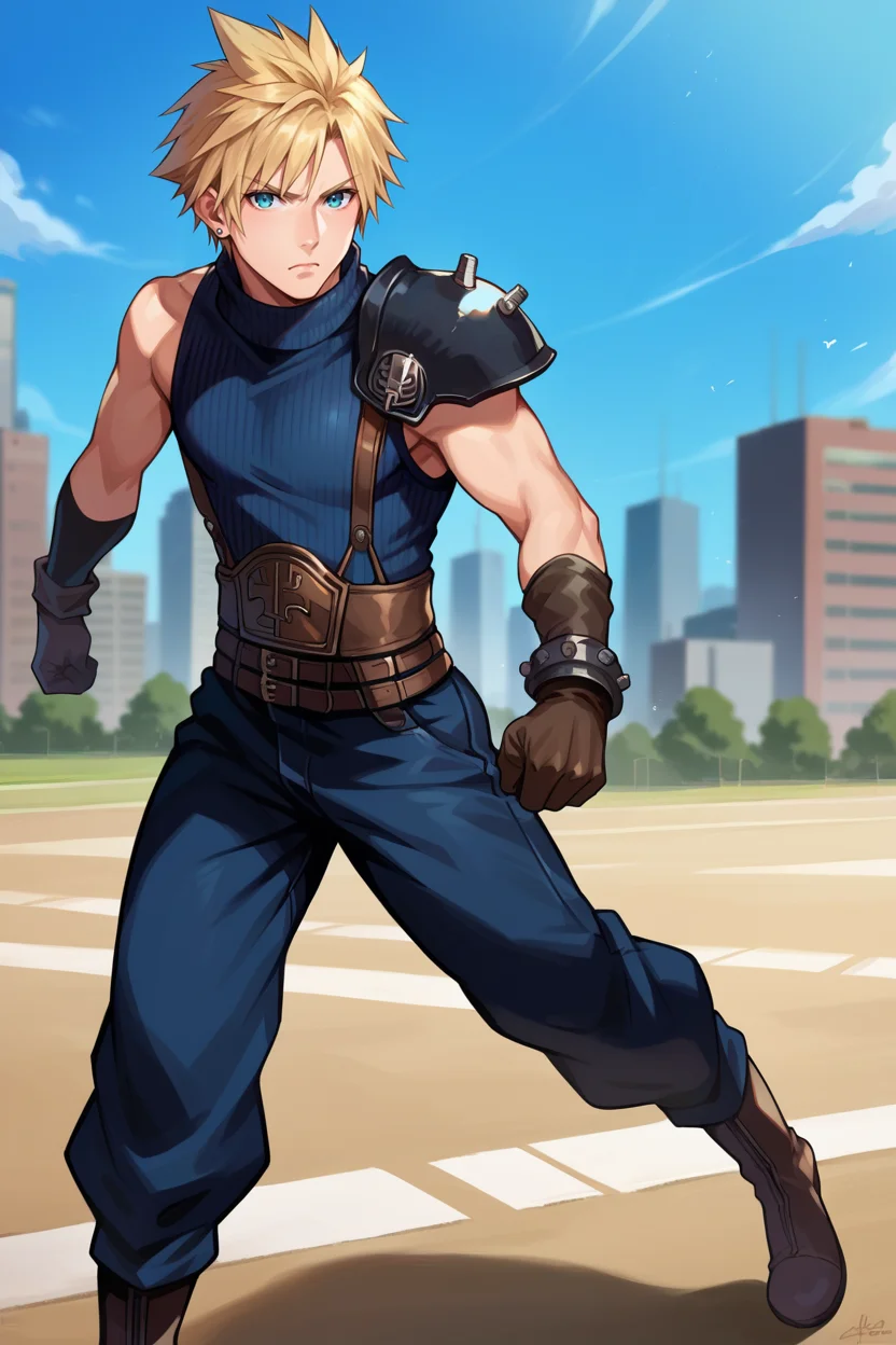 score_9, score_8_up, score_7_up, score_6_up, source_anime, photorealistic, 1boy, male focus, solo BREAK <lora:cloudstrife-pdxl-nvwls-v1-000006:0.9> defCloud, blonde hair, single earring, shoulder armor, sleeveless turtleneck, belt, baggy pants, gloves, boots, running, wide shot, from side, city, blue sky, looking at you, serious