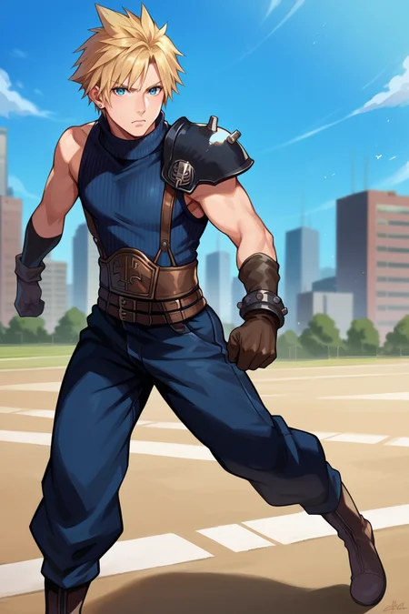 score_9, score_8_up, score_7_up, score_6_up, source_anime, photorealistic, 1boy, male focus, solo BREAK <lora:cloudstrife-pdxl-nvwls-v1-000006:0.9> defCloud, blonde hair, single earring, shoulder armor, sleeveless turtleneck, belt, baggy pants, gloves, boots, running, wide shot, from side, city, blue sky, looking at you, serious
