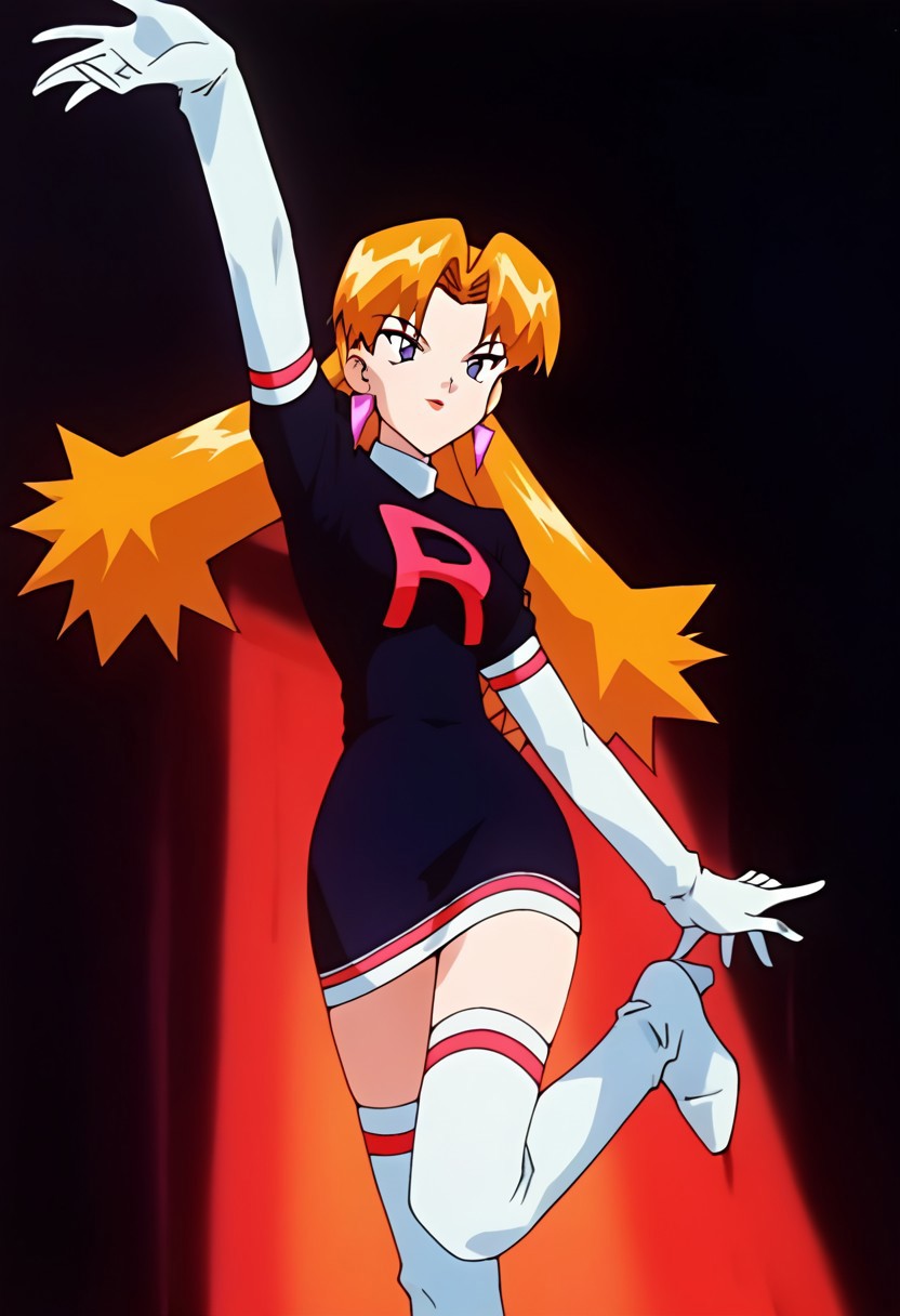 score_9, score_8_up, score_7_up, rating_safe, source_anime, anime_screenshot, amine_coloring 1girl, highres, uncensored,
PKMNCassidy, 1girl, orange hair, long hair, parted bangs, purple eyes, red lips, earrings, PKMNCassidy, 1girl, orange hair, long hair, parted bangs, purple eyes, red lips, earrings, Team Rocket Uniform, black dress, white gloves, elbow gloves, zettai ryoiki, white thighhighs, high heel boots