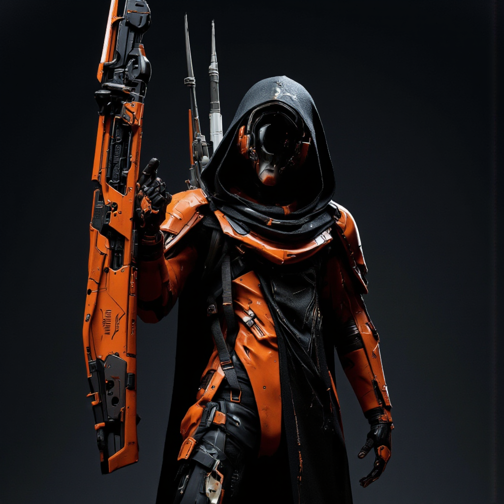 . A photo-realistic shoot from a frontal camera angle about a humanoid figure wearing a futuristic, orange and black outfit with a transparent hood and holding a large, orange-handled weapon. the figure is standing in the middle of the image, facing away from the viewer, with its full body visible. the background is a solid black color, providing a stark contrast to the figure's sleek, black and orange design. the character is wearing a black, hooded cloak that covers the entire body, and a pair of black gloves that are gripping the handle of the weapon tightly. on the right side of the figure, a signature is visible in the bottom right corner, adding a personal touch to the image. the overall aesthetic is futuristic and sci-fi, with a focus on the character's design and technology.