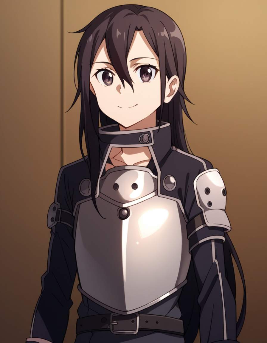 score_9, score_8_up, score_7_up, source_anime, <lora:kazuto-kirigaya-s2-ponyxl-lora-nochekaiser:1>, kazuto kirigaya, long hair, black hair, male focus, black eyes, otoko no ko, androgynous, hair between eyes,, gloves, armor, breastplate, belt, long sleeves, black jacket,, indoors, smile, looking at viewer, solo,, cowboy shot, dutch angle