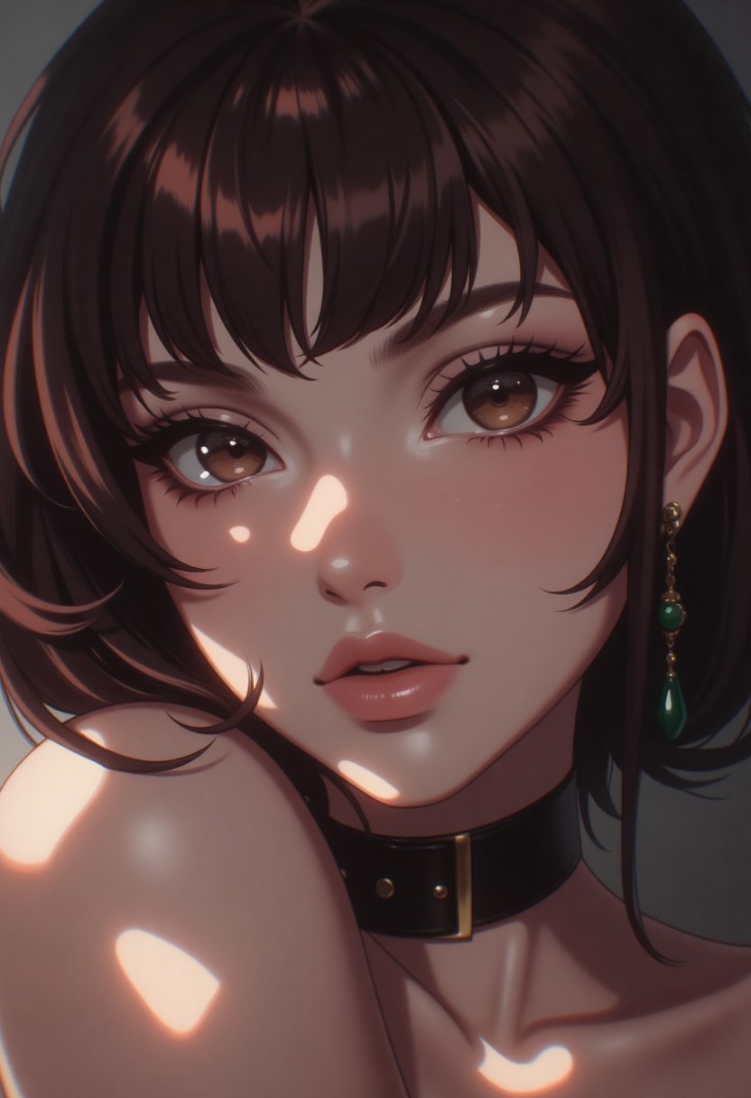 hyperrealistic digital painting by Jeremiah Ketner and Charlie Bowater and Stanley Artgerm and Thomas Saliot and J. Scott Campbell, shallow depth of field, realistic anime, bokeh, lifelike anime woman, closeup on cute face, eyes, lips, light and shadows on face, choker