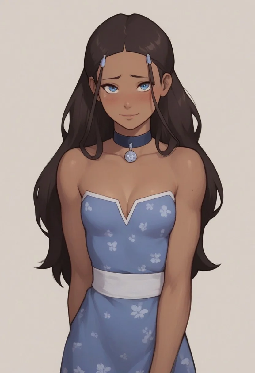 women;
handsfree, , cleavage natur,   bare shoulders, collar bone,
score_9, score_8, score_7, high quality, high detail, masterpiece, sharp lines, blush, small breasts, looking at viewer,  shy smile
 <lora:AsuraV2:0.5>,  <lora:princess_xl_v2:0.25>,  <lora:Smooth Anime Style LoRA XL:0.5>,  <lora:g0th1cPXL:0.5>,
 <lora:katara-book2-ponyxl-lora-nochekaiser:0.5> katara, dark skin, choker, dark-skinned female, brown hair, long hair, shoulder hair, blue eyes, hair ornament
dress floral, lacing detail on dress,