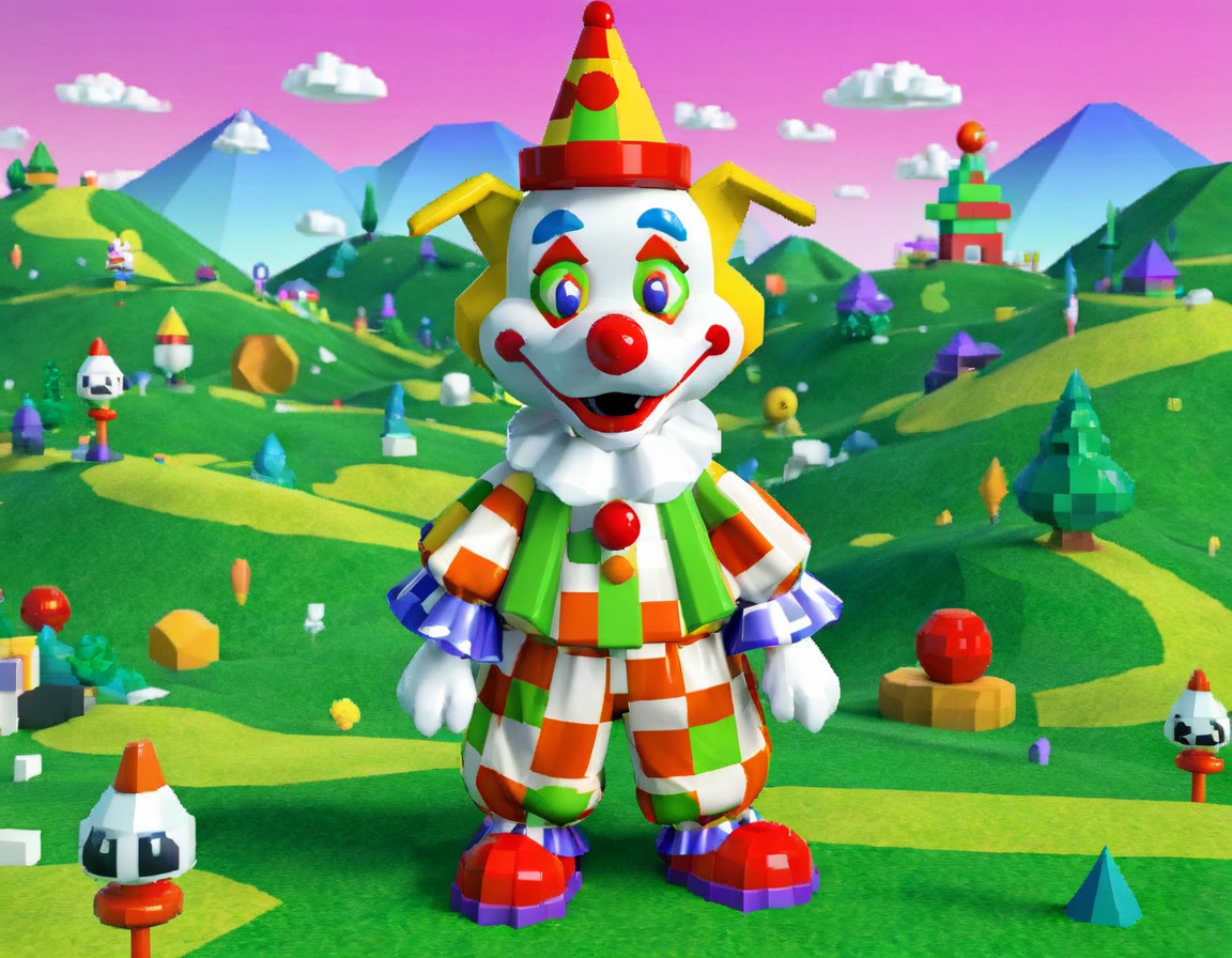 90sgum, clown dog character old retro game 3d, polygonal, pixelated, lo-fi, green hills backdrop, shapes and patterns, professional photosession for magazine  <lora:90sgum_v0.0.2-cap-e30:0.8>