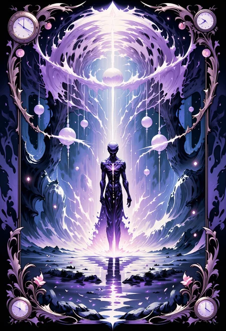 "A stylized Tarot card named 'The Echoes of Time,' depicting a haunting figure standing at the center of a swirling vortex of past and future visions, each one a fleeting glimpse of forgotten memories and possible futures. The figureas body is partially transparent, made up of flickering, digital fragments that shift and change like a living mosaic. Ghostly apparitions emerge from the vortex, their forms composed of fragmented data and soft, glowing light, whispering secrets of the ages. The background is a surreal, misty forest where the trees are adorned with glowing, floating clocks and shimmering, digital leaves that seem to pulse with life. The cardas border is designed with intricate, time-themed motifs intertwined with glitching, digital patterns, glowing softly in shades of lavender and silver."
<lora:abstract_render_flux:0.4>,<lora:Painted_World_Flux:0.8>,<lora:Dreamwave_FLUX:0.6>,<lora:dreamlands_flux:0.6>,