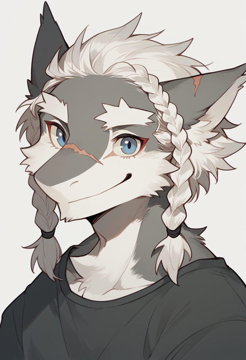 score_9, score_8_up, score_7_up, high quality, hi res, by milkybot, furry, tail, short hair, sergal boy, grey body, braids, solo, looking at viewer, white hair, scar on snout, smiling, happy, upper body, simple background, <lora:Milkybot_style:1>