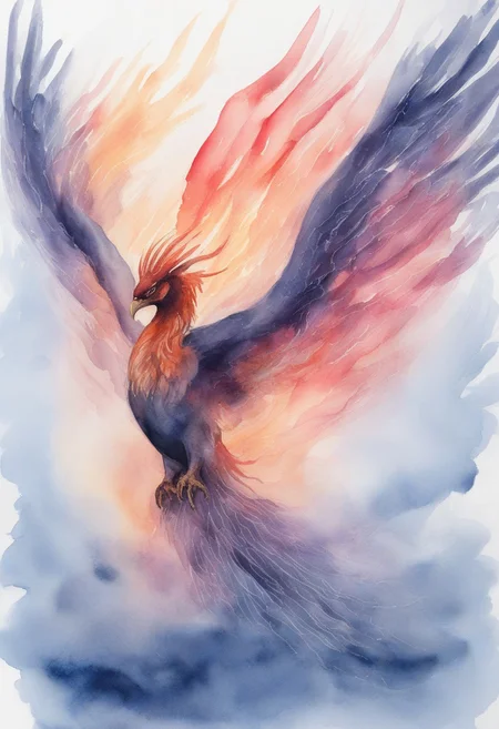 watercolor, watercolour,
a gigantic ghostly phoenix ascending into the night sky made of pure fire and flames