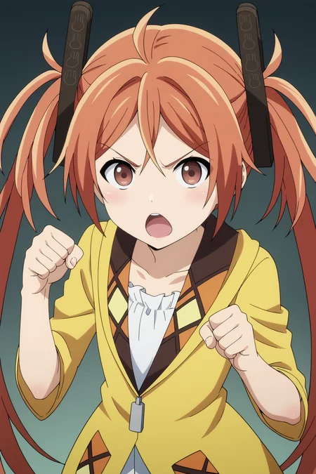 score_9, score_8_up, score_7_up, source anime, prefect lighting, very aesthetic, BREAK, anime screencap, anime coloring,
<lora:aihara_enju_v1-pony6:0.9>, 1girl, aihara enju, black bullet, orange hair, long hair, straight hair, enjoout, twintails, hair ornament,
BREAK, looking at viewer, open mouth, raised fist, punching, punch, incoming punch,
BREAK,