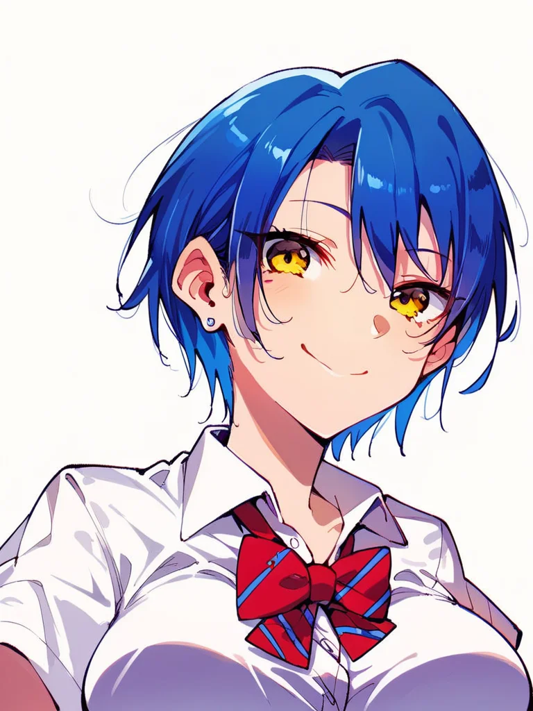 score_9, score_8_up, score_7_up,
1girl, satonaka Satsuki, blue hair, short hair, hair between eyes, large breasts,
yellow eyes, school uniform, white shirt, short sleeves, red bowtie, smile, closed mouth, looking at viewer, white background, upper body, face, stud earrings,