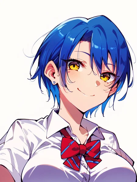 score_9, score_8_up, score_7_up,
1girl, satonaka Satsuki, blue hair, short hair, hair between eyes, large breasts,
yellow eyes, school uniform, white shirt, short sleeves, red bowtie, smile, closed mouth, looking at viewer, white background, upper body, face, stud earrings,