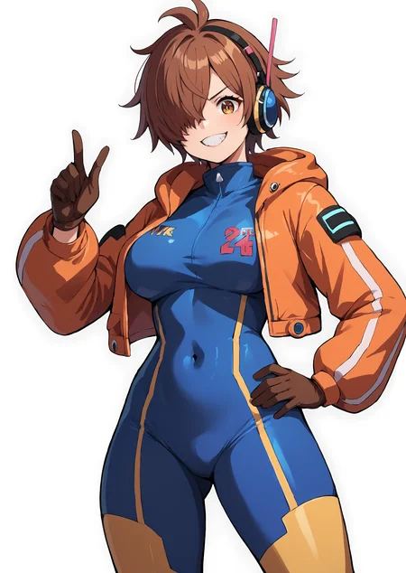 score_9, score_8_up, score_7_up, score_6_up, score_5_up, score_4_up, thick lines, anime, masterpiece, egghd <lora:One_Piece_Egghead_arc_female_clothes:0.9>, 1girl, solo, breasts, looking at viewer, smile, short hair, large breasts, brown hair, gloves, brown eyes, jacket, teeth, hair over one eye, hand on hip, bodysuit, covered navel, headphones BREAK source_anime