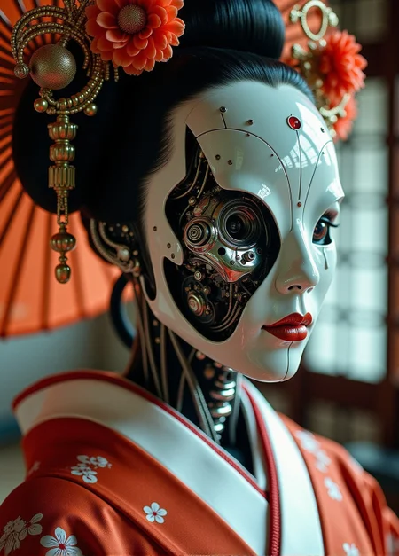 <lora:ck-Neurocore-Realistic-Cyborgs:1> woman Geisha is an android, the plastic cyborg mask is open, the mechanical parts of the robot are visible inside, the android is very sinister and dangerous, from the epic movie Ghost in Armor, erie japanese teahouse background, (style by George Shaw), shallow depth of field, vignette, (Fujicolor Superia X-TRA 400),