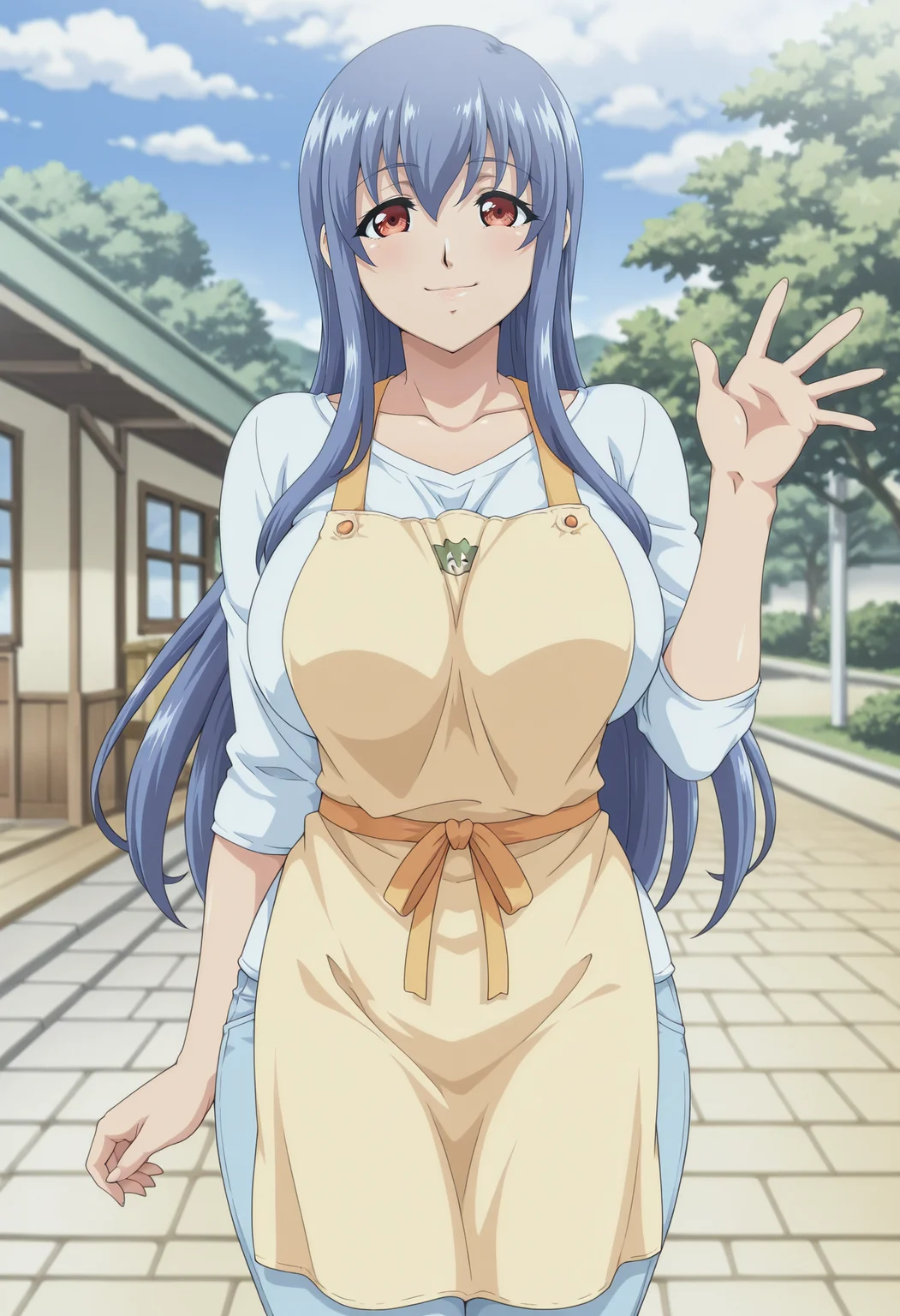 1girl,solo,mm,mature female,long hair,blue hair,red eyes,large breasts,anime coloring,
shirt,pants,apron,looking at viewer, waving, smile,outdoors
,masterpiece,best quality,amazing quality,<lora:Suda_mizuki-Oppai_no_Ouja_48_IL:0.8>