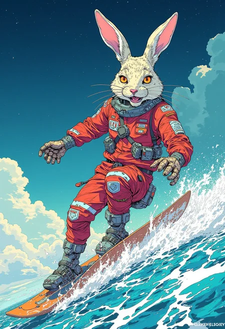 bunny, surfing in space, inspired by Cyril Rolando, Shutterstock, highly-detailed illustration, anime, cyberpunk, color illustration, very detailed illustration, Dan Mumford and Alex Gray Style
