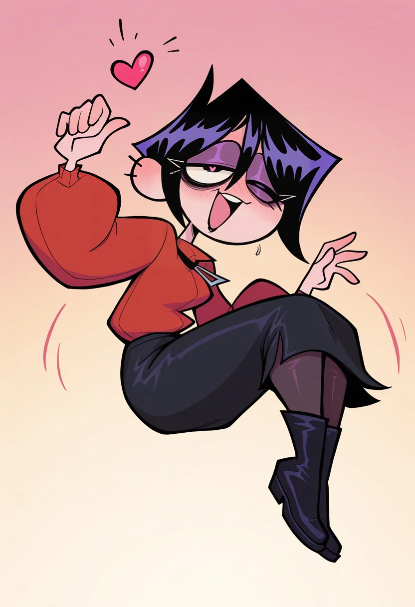 IllustriousQual, masterpiece, best quality, amazing quality, very aesthetic, absurdres, 1girl, solo,
solo, levitation, floating, motion blur , sky, in the air,, heart-shaped pupils, open mouth, open mouth, happy , smile, moaning, one eye closed, full-face blush,, wide angle view,
<lora:ValbunStyle-IL:0.9> valbun, black hair, short hair, half-closed eyes, bags under eyes, red sweater, puffy long sleeves, black skirt, very long skirt, black pantyhose, black boots, purple eyeshadow, eyelashes, black lips, black eyes,
