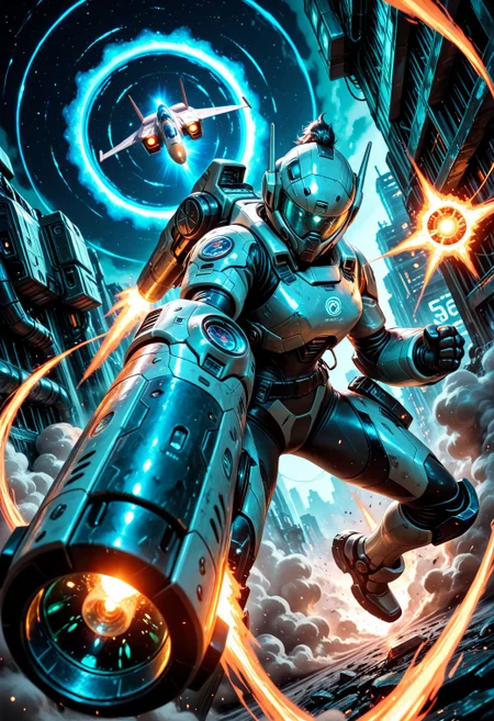 SmoothNoob_Quality, science fiction, mech warrior. sci-fi helmet with light blue tinted visor over face. using a jet pack, (floating:1.2). midair. arm cannon, fighting stance, in a ruined sci-fi landscape. smoke, dust and ash in the air. Alien spacecraft in the night sky above. tracer fire and laser trails illuminate the dark sky, foreshortening, dynamic angle,  <lora:Smooth_Booster_v3:0.5>