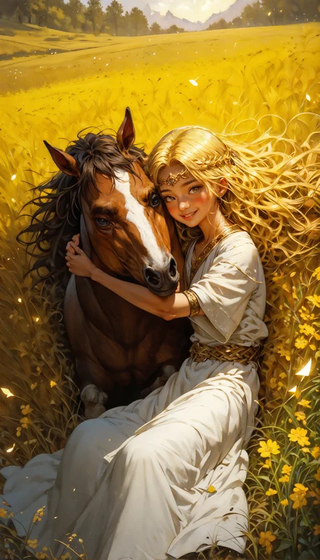 score_9, score_8_up, score_7_up, 1boy,solo focus,solo, miquella, blonde hair,crown braid,multiple braids,yellow eyes, white robe, gold armlet,circlet, p3tl0v3, hugging horse, cute smile, laying down, field, dutch angle, sunlight, wind, flying leaves, sun flowers, corn field, water sparkles, <lora:Expressive_H-000001:0.8>, expressiveH <lora:Fant5yP0ny:0.9> <lora:Pony_DetailV1.0:0.9> <lora:miqeulla:0.8> <lora:p3tl0v3XLP:0.8>