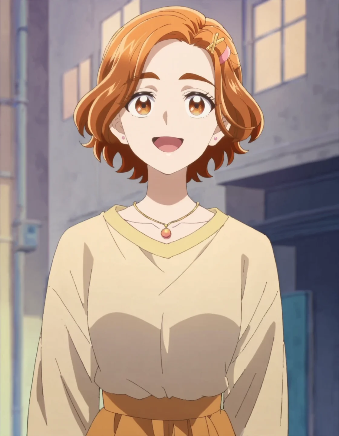 score_9, score_8_up, score_7_up, 1girl, solo, anime screencap, 1girl, solo,hyuugasaki,  jewelry, hair ornament, smile, looking at viewer, shirt, open mouth, hairclip, yellow shirt, necklace, cowboy shot <lora:hyuugasaki:0.8>