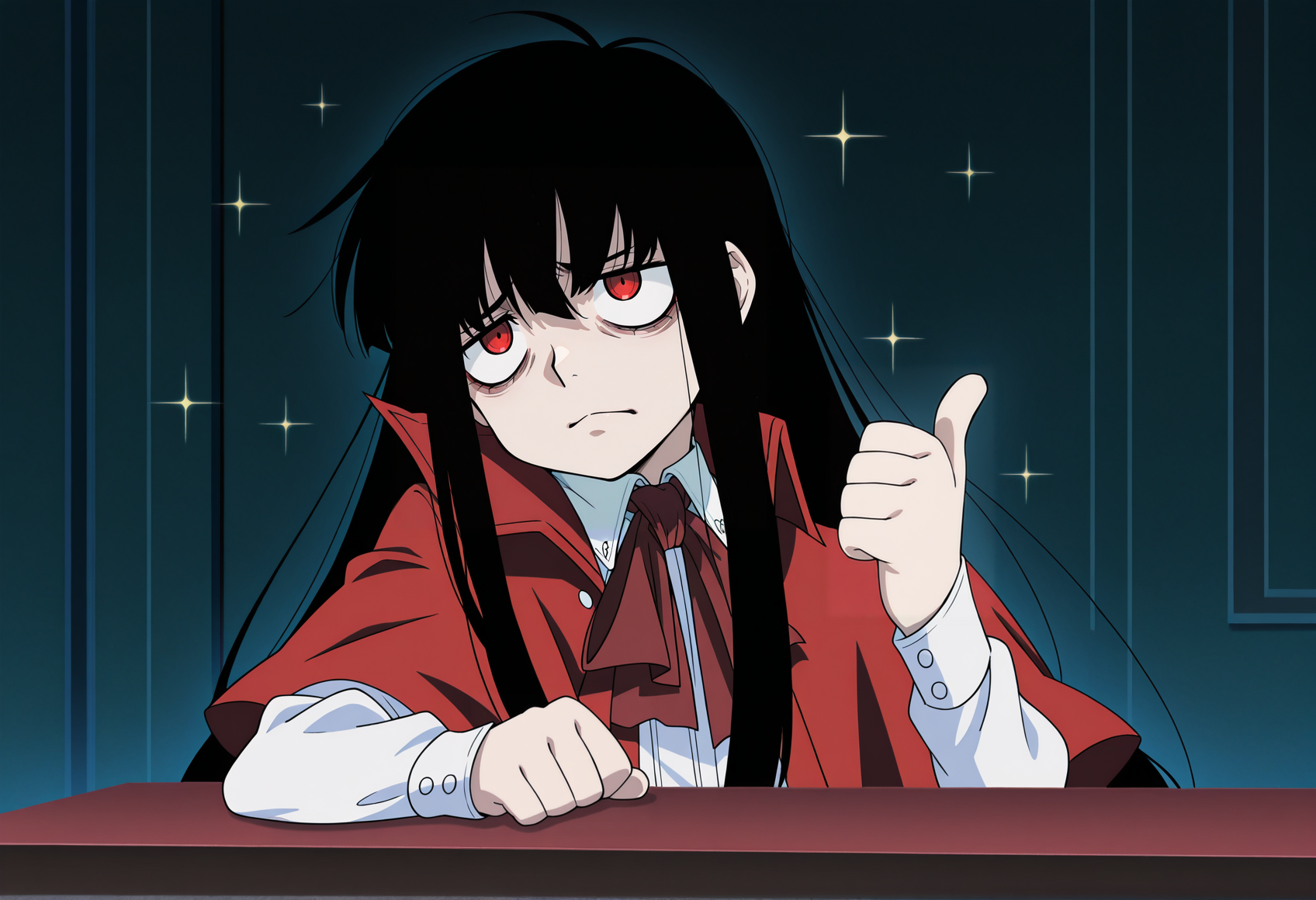 anime screenshot, anime screencap, anime coloring,  look_at_my_tsukasa, parody, sparkles, upper body, thumbs up, table, 1boy, alucard \(hellsing\),   <lora:Look_at_my_Tsukasa_medalist_meme:1>, masterpiece, best quality, amazing quality, very aesthetic, absurdres, highres, newest