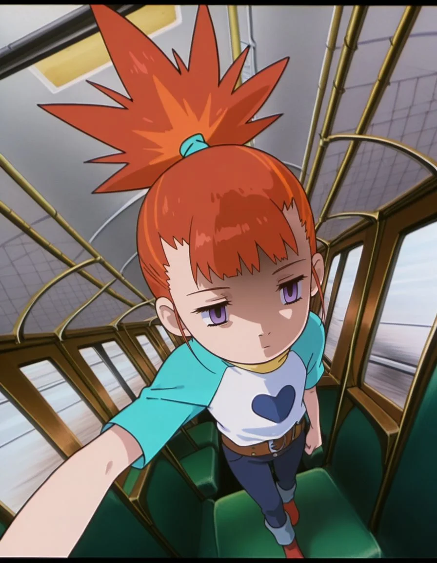 masterpiece, best quality, incoming attack, solo, inside a train background, dutch angle, fisheye angle, from above,
, skinny, shaded face, empty eyes, expressionless,
<lora:Mind_Controlled_Rika:1>, rik0, 1girl, orange hair, high ponytail, female child, purple eyes, raglan sleeves, yellow turtleneck,