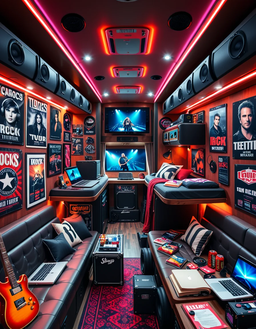 The interior of a modern RV customized for a rock band on tour. The space is stylish and lived-in, filled with musical gear like guitar cases, amps, and a drum pad. Posters of famous rock bands and tour memorabilia cover the walls. There are leather couches, a small kitchenette with snacks and energy drinks, and a cluttered table with laptops, cables, and setlists. A narrow hallway leads to sleeping bunks with personal items like headphones, books, and clothes tossed around. The lighting is warm with LED strips in red and purple tones, giving it a cozy but edgy atmosphere. A small TV displays concert footage, and speakers are mounted on the ceiling. The whole scene feels energetic, artistic, and chaotic in a creative way. Realistic style, rich colors, and highly detailed environment.
<lora:SDXLFaeTastic2400:0.4> <lora:extremely_detailed:0.4> extremely detailed <lora:r0ck_b4nd_rv:1>r0ck b4nd rv, Masterpiece,best quality,hi res,8k,hi res,8k,award winning,(sharp focus, intricate, highly detailed),