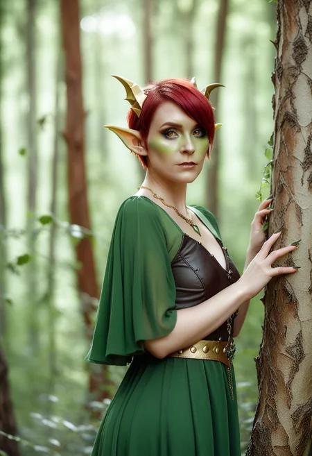 depth of field, fantasy photoshoot, photo, professional photoshoot,
1girl, goblin, pointy ears, short, green skin, themes of gold and leather,
short hair, dress, jewelry, red hair,
summer forest, branches in foreground, blurry foreground, trees in background,
realistic, blurry