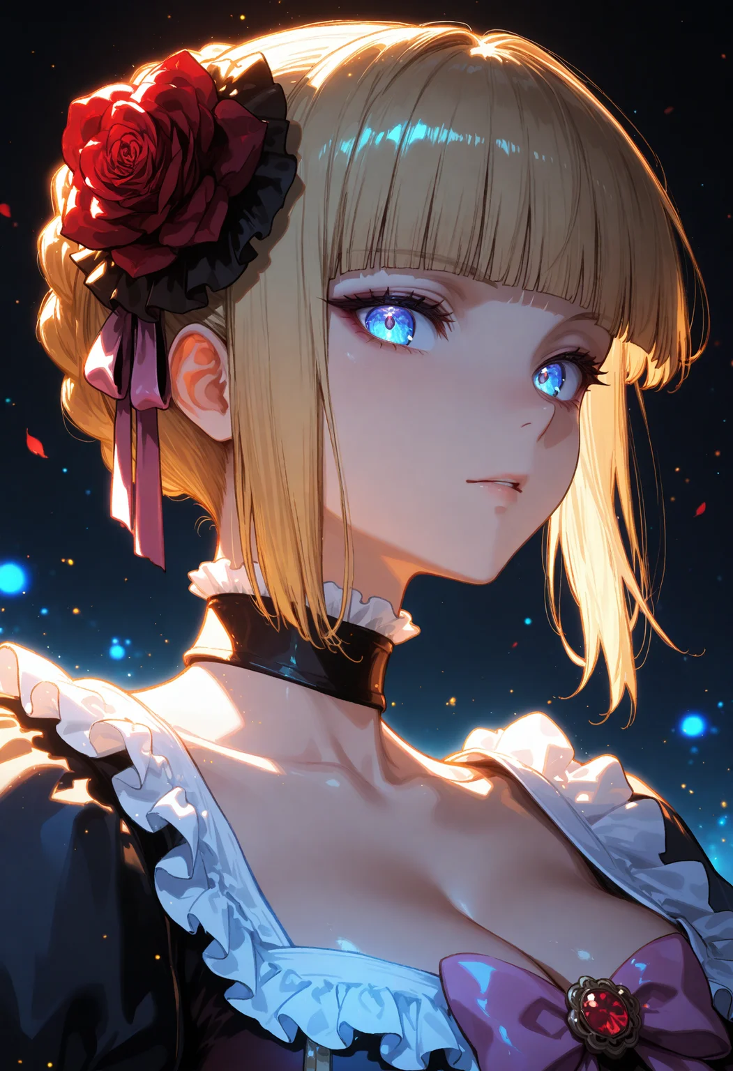 <lora:Beatrice_Umineko_ILXL:0.95>, <lora:SDXL_HandFineTuning_XL:0.4>, <lora:for_illust_spo_sdxl_10ep_4k-data_lora_webui:0.7>, <lora:for_illust_GBF_Illustrious:0.4>, <lora:for_illust_ponyv5_noobV065S_1_adamW-000013:0.2>, <lora:for_illust_748cmSDXL:0.3>, <lora:warm light style v2:0.4>, perfect quality, best quality, absolutely eye-catching, cinematic, (masterpiece), holographic colors, luminescent glowing colors, dark background, backlighting, luminescent colors, glowing colors,(ultra-detailed), Soft lighting, very aesthetic, illustration, close-up, perfect composition, portrait, ultra detailed face, blue eyes, looking at viewer, Beatrice (umineko), eyelashes, nose, blunt bangs, blue eyes, blonde hair, hair ornament, short hair, flower, hair flower, rose, breasts, large breasts, cleavage, dress, bow, frills, choker, wide sleeves, pink bow, juliet sleeves, long dress, long sleeves, bubble skirt, puffy sleeves