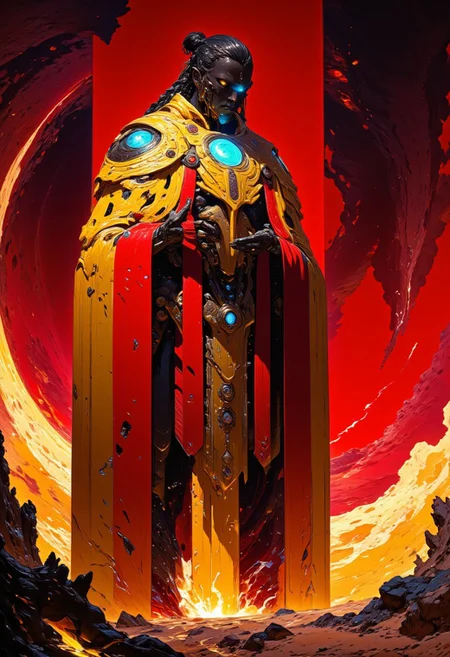 (in Krenz Cushart style:1.2), high-quality, masterpiece, A full-body side-angle shot in anime, cyberpunk style, depicting a powerful man standing in a serene praying pose. He wears a traditional Buddhist robe, flowing in vibrant red and yellow hues, with intricate folds and detailing. Around his neck is a Buddhist bead necklace, with matching beads adorning his arms. His long warrior-style hair is tied into a man bun, giving him a fierce yet tranquil appearance. On his forehead is a glowing blue third eye, inspired by the Eye of Lord Shiva, centered above the brow with a vertical orientation, radiating divine energy. His hands are folded in a respectful praying pose, fingers gently touching in a symbolic gesture of peace and focus. The background burns with a deep red fire, creating the atmosphere of an intense ritual in progress, with the flames swirling like mystical energy around him, reflecting his inner power and spiritual strength. His posture and presence exude a blend of wisdom and combat readiness, encapsulated in the surreal, cyberpunk ambiance of the scene. (elaborate fine details:1.1), (elaborately detailed attire with extraordinary elements:1.1), (hyperdetailed:1.1), (intricate details:1.0), (Refined details:1.1), (best quality:1.1), (high resolution:1.2)