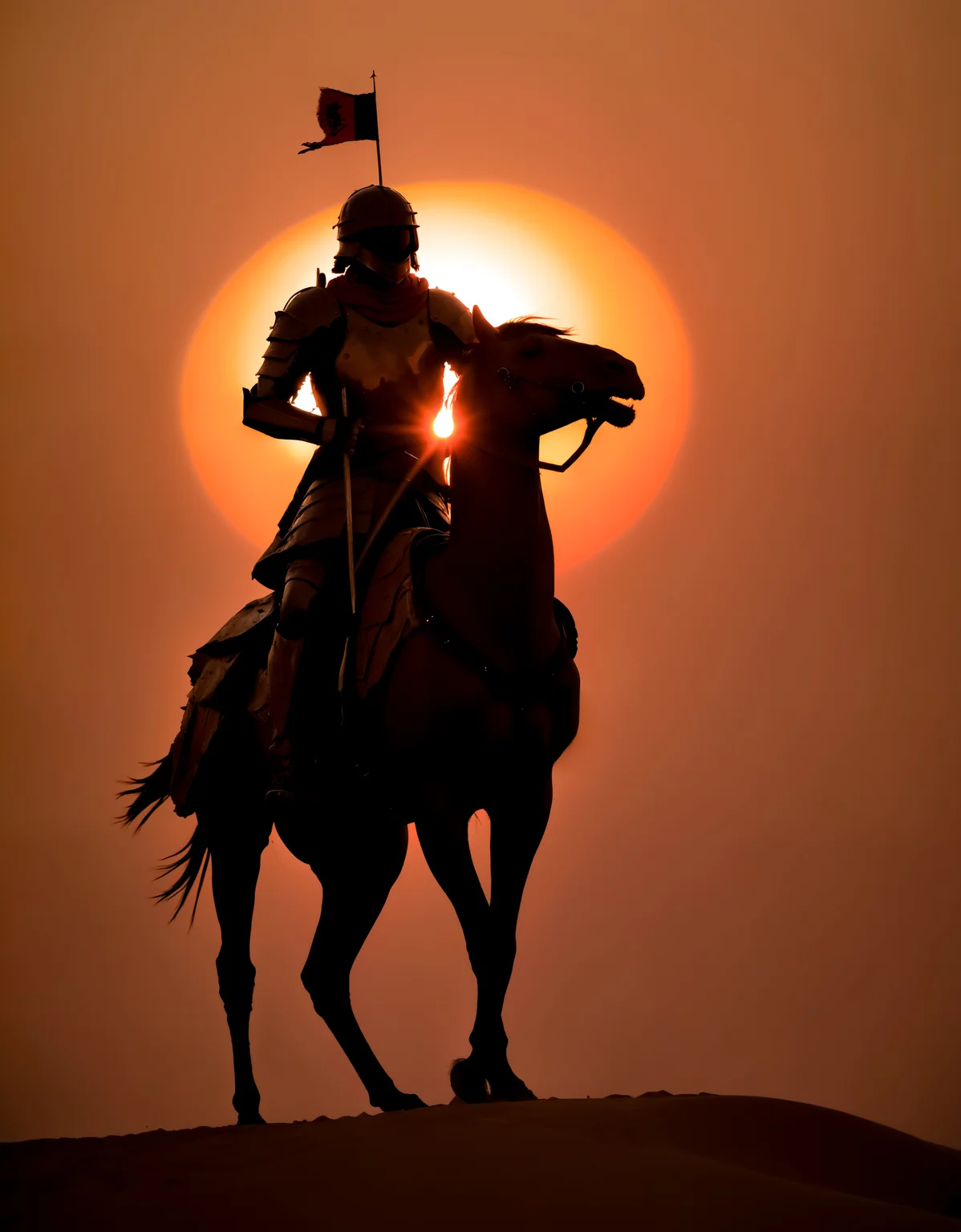 zavy-slhtt, silhouette of a cataphract on dune in desert in front of rising sun at dawn, heavy cavalry, 100mm f/2.8 macro lens,